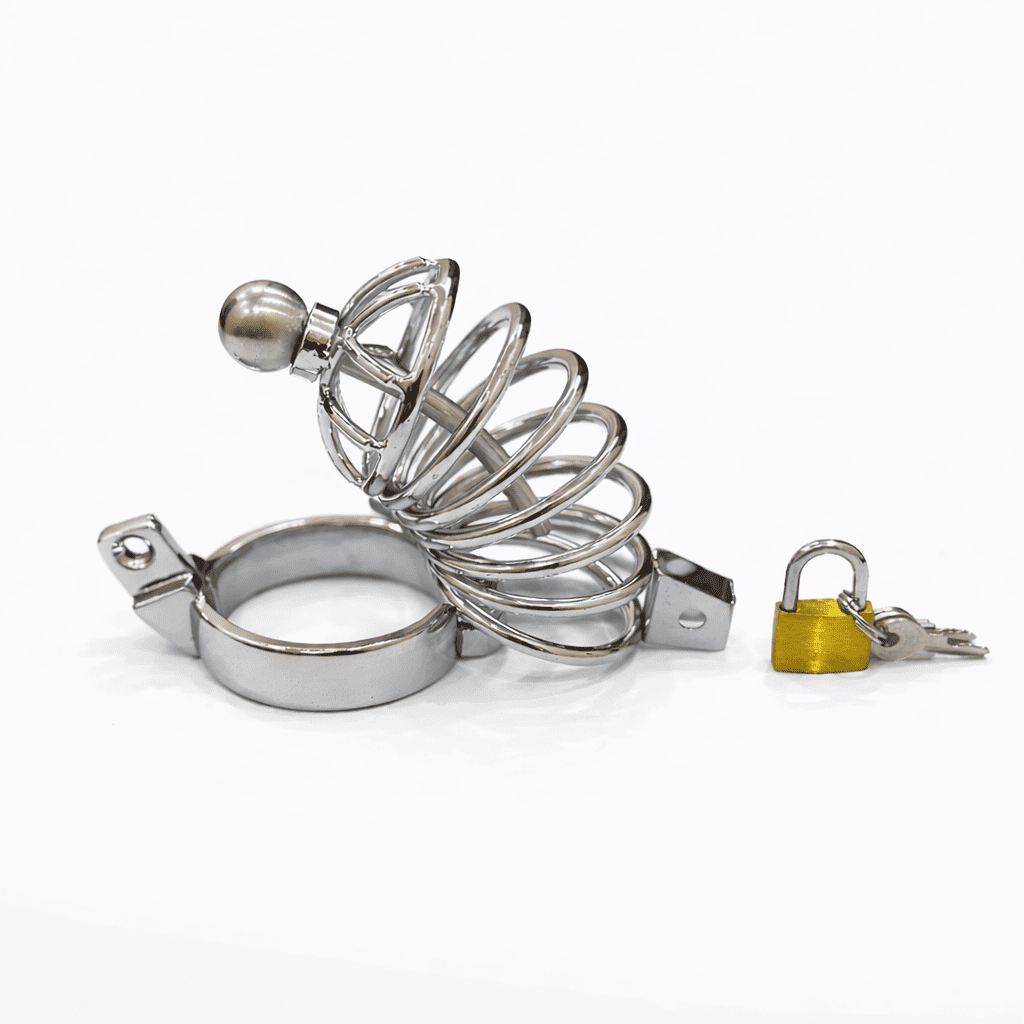 Male Stainless Steel Spiral Chastity Cage With Lock & Keys Adjustable Lock Ring